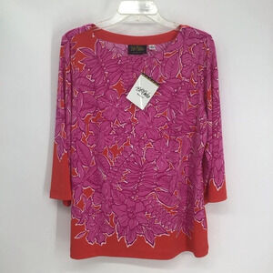 Bob Mackie Wearable Art 3/4 Sleeve Floral Blouse Top Pink/Orange NWT Size Medium